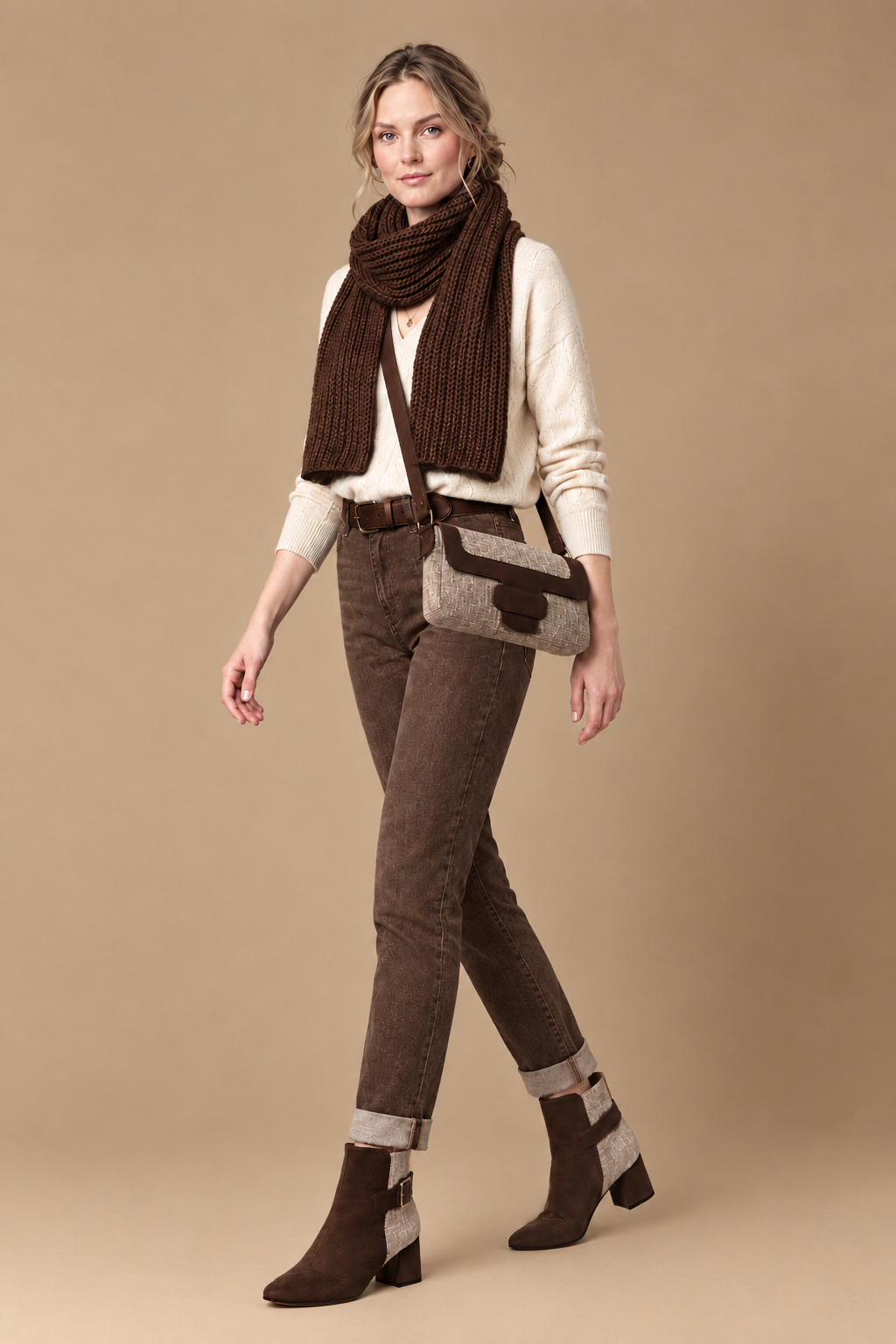 Women's dark brown and tan back-buckle ankle boots with square toe and mid block heel - Top view